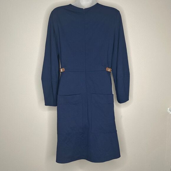 Tibi Navy Blue Long Sleeve Dress with Brown Leather Buckle Details Size 2 NWT‎ - Picture 2 of 8